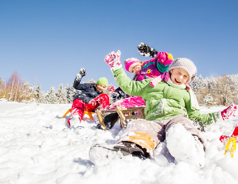 Hermosos niños en trineo en la nieve.